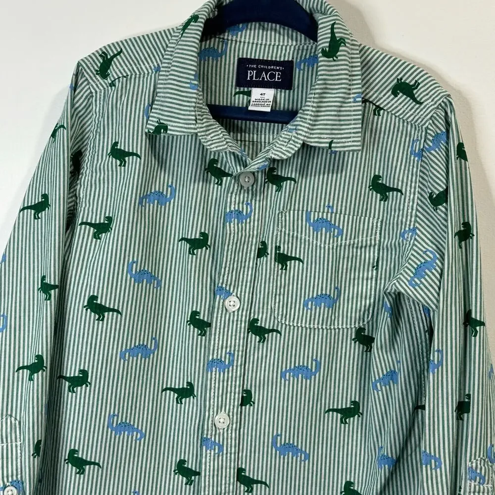 Children's Place Boys Green Striped Dinosaur Button Down Size 4T